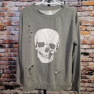 Gray Skull Graphic Distressed Sweatshirt Womens Medium Gothic Alternative Rip